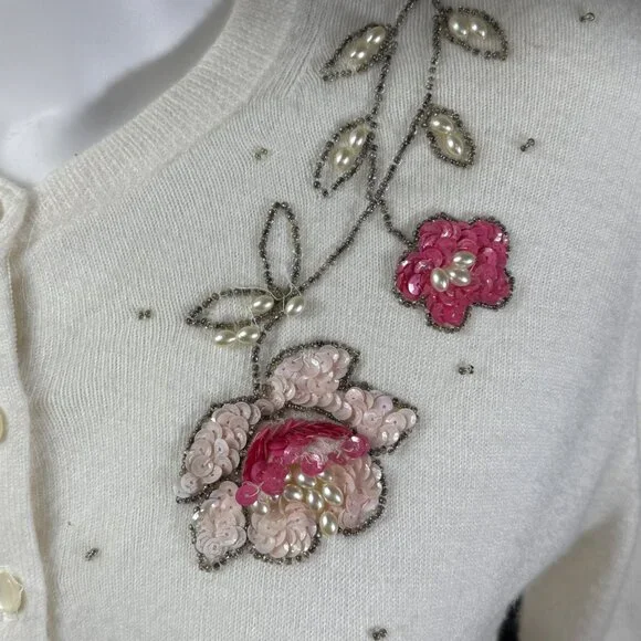 Blairmoor Original Womens Beaded Floral Cardigan Vintage Full Fashioned Cream  M - Picture 5 of 10